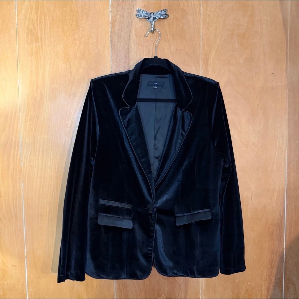 Fate Womens Black Velvet Blazer Satin Trim Single Button Jacket Size Large